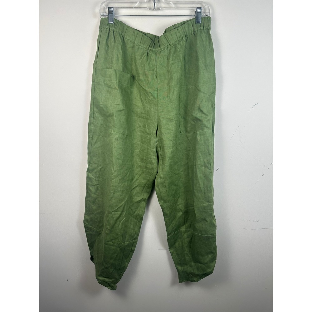 LINTICO Linen Pants Womens XL Green New 100% Linen Elastic Waist Patch Pockets